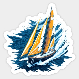 Racing sailing boat sailing on the sea, with blue and yellow ochre tones Sticker